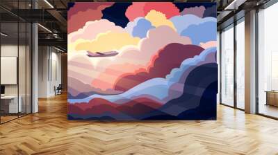 Airplane flying above beautiful clouds in sunset or sunrise light. Travel concept. Colorful vector illustration Wall mural