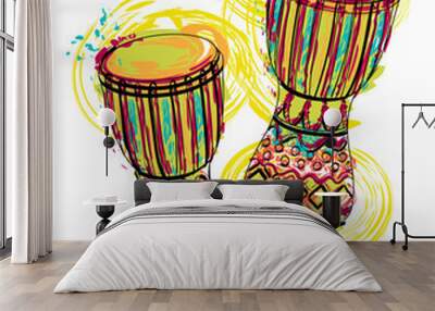 drums tam tam with splashes in watercolor style. colorful hand drawn vector illustration Wall mural