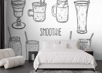 Smoothie set. Healthy food. Isolated elements. Hand drawn vector illustration in sketch style Wall mural