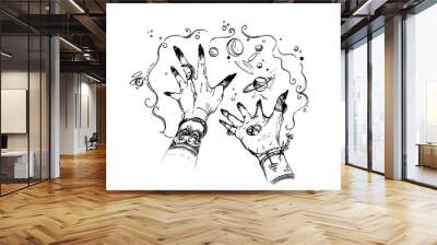 witch hands with magic happens around. concept design for print, poster, tattoo, sticker, card. vint Wall mural