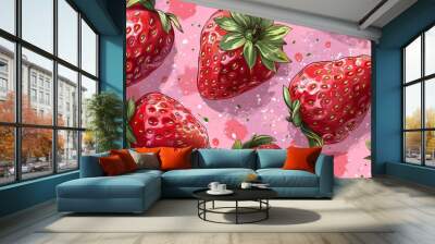 Retro style with hand-painted strawberries on a pink background, made in a cartoon style with bright and saturated colors, reminiscent of vintage posters. Wall mural