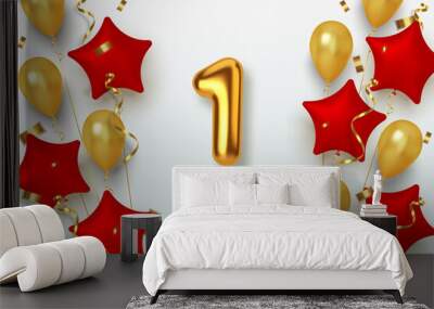 1 Anniversary celebration Number in the form star of golden and red balloons. Realistic 3d gold numbers and sparkling confetti, serpentine. Vector Wall mural