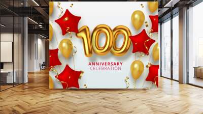 100 Anniversary celebration Number in the form star of golden and red balloons. Realistic 3d gold numbers and sparkling confetti, serpentine. Vector Wall mural