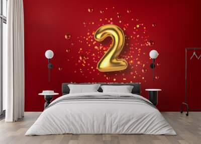 2th Anniversary celebration. Number in the form of golden balloons. Realistic 3d gold numbers and sparkling confetti, glitters. Horizontal template for Birthday or wedding event. Vector illustration Wall mural