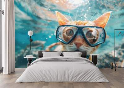 A humorous underwater shot of a curious cat wearing scuba diving goggles and a snorkel, set against a vibrant ocean backdrop. The playful and surreal composition evokes adventure. Wall mural