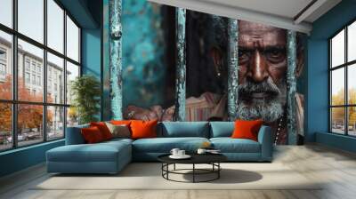 A middle aged Indian man sits behind bars in a prison cell. Wall mural