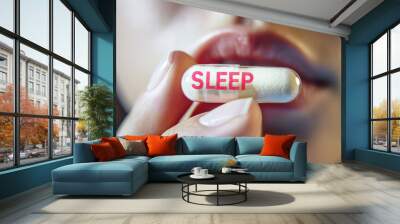 A woman holds in her hand a capsule with medicine on which the word “Sleep” is written, close-up. Wall mural