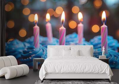 Burning candles on a festive dessert. Holiday, birthday concept. Wall mural