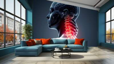 Close-up of a man's back and neck outlined in red. Illustration of neck pain, pinching of the cervical spine. Wall mural