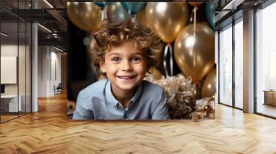 Cute little boy enjoys birthday gifts, expressive emotions, positivity and happiness. Wall mural