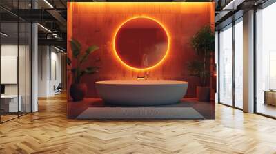 Design of a modern bathroom with a bathtub and a round mirror with LED lighting hanging on the wall. Wall mural