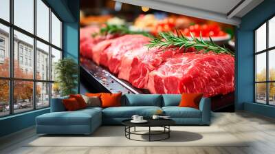 Different cuts of fresh raw red meat in supermarket, beef, pork, variety of prime meat steaks on display in a grocery store meat counter. Wall mural