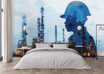 Engineer with oil refinery industry plant background. Industry, production, factory. Double exposure. Wall mural