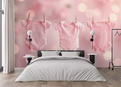 Light pink baby onesies, infant rompers hanging on a clothesline with wooden clothespins on a soft pink background. Wall mural