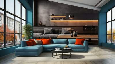 Modern black minimalist kitchen living room interior with sofa, wooden floor, panoramic windows and orange lighting. Wall mural