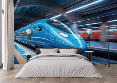 Modern high-speed train in motion. The polished blue exterior reflects ambient light, highlighting the train's aerodynamic design and advanced technology. Selective focus. Wall mural