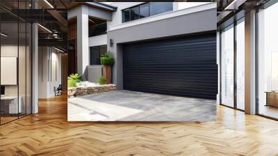 Plain black roll-up horizontal lined metal garage door. Wall mural