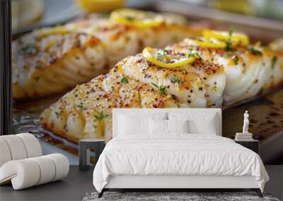 Side view of baked cod with lemon garnish, a white fish restaurant dish. Food photography. Wall mural