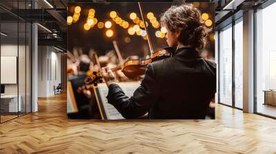 Violinist playing in orchestra. Symphony orchestra concert, musical evening, classical music. Wall mural