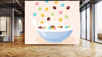 Bowl with milk and colorful crisp rings. Milk splashes. Healthy breakfast. Wall mural