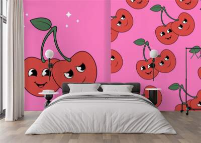 Cherry groovy cartoon comic character with seamless pattern. Doodle, y2k retro style vector illustration. Wall mural