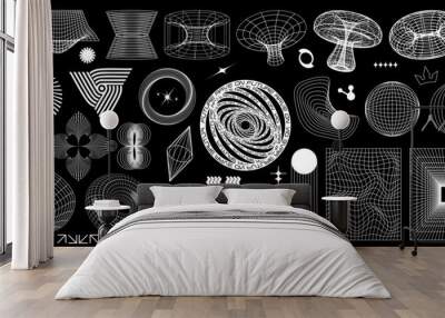 Abstract y2k geometric shapes and 3d wireframe models isolated on black background. Set of retro futuristic elements from 80s, 90s, 00s. Vector illustration in psychedelic techno style. Wall mural