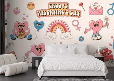 Collection of retro groovy hippie lovely hearts characters. Cartoon romantic 60s, 70s vintage Happy Valentine's day stickers, stamps or patches. Vector illustration in pink, blue and yellow colors. Wall mural