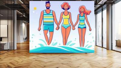 happy family on vacation at the sea jumping over the water in swimsuits in the rays of sunlight. concept of relaxation and day off Wall mural