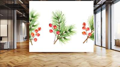 Christmas set with green pine branches and red berries isolated on white background. Watercolor illustration for celebration of New Year, greeting cards, banners, invitations, calendars. Wall mural