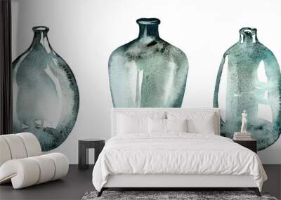 Watercolor vases. Set of three turquoise antique glass bottles. Interior decoration in modern boho style. Abstract illustration isolated on white background Wall mural