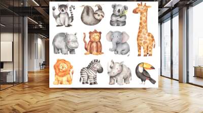 Cute rainforest animals set. Watercolor children illustrations isolated on white background. Hand-drawn tropical animals - lemur, giraffe, monkey, elephant, lion, zebra Wall mural