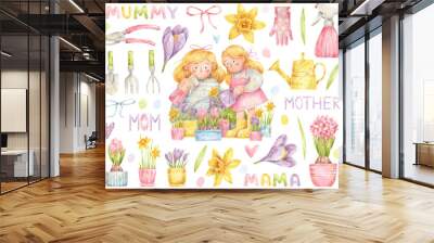 Mother and daughter care of plants. Spring watercolor set of gardening tools and flowers. Illustrations for Mother's Day. Design elements for greeting card Wall mural