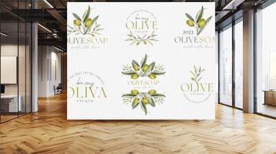 Logo for olive oil, cosmetics, soap. Green olives. Vintage elegant illustrations Wall mural