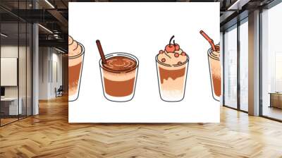 Minimalistic illustration set of coffee cups isolated on white background. Hot and cold coffee beverage. Espresso, americano cup, cappuccino and latte in glass. Flat vector illustration Wall mural