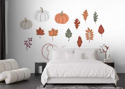 Rustic Autumn Botany Elements Set, Fall Pumpkins, Leaves, Cotton Decorative set Vector Illustration  Wall mural