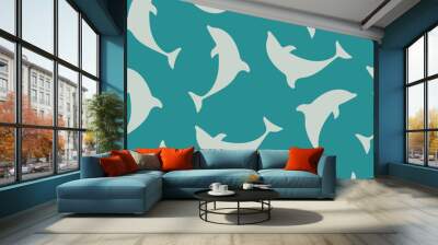 Seamless pattern with a dolphin on a sea wave background. Summer sea background. Wall mural