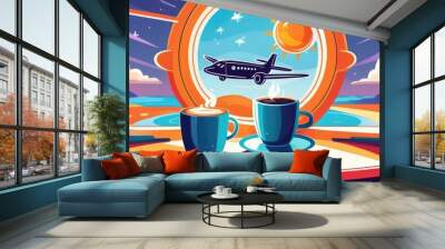 two blue mugs with coffee and steam on the background of the window, outside the window there is a sea with an airplane in the sky, the concept of rest, vacation, free time Wall mural