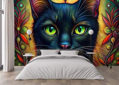 A black cat with green eyes is staring at the camera. The cat is surrounded by a colorful background, which includes green leaves and yellow flowers. Scene is playful and whimsical Wall mural