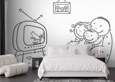 Family watching TV together Wall mural