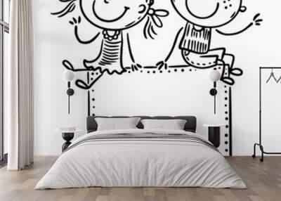 Happy doodle cartoon kids with a blank frame, outline Wall mural