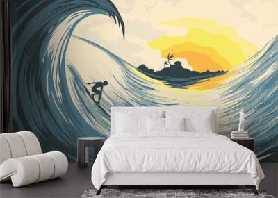 Tropical island wave and surfer Wall mural