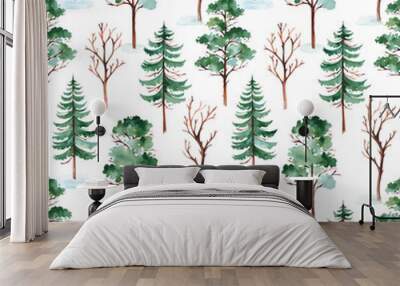 Watercolor winter landscape with tree, pine tree and conifer. Seamless background. Perfect for cover and packaging design, wallpapers, print, textile and much more Wall mural