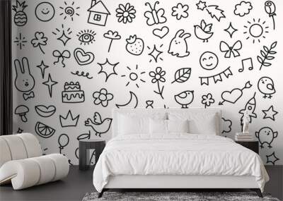 Children's hand drawn doodles background. Ink drawing with kids style. Sun, stars, flares, heart, rainbow, butterfly, flower, bird. Vector illustration isolated on white background Wall mural