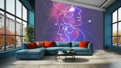 Line drawing of women faces, space art Wall mural