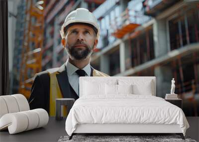 builder in a white helmet close-up against the background of a building under construction with space for text Wall mural