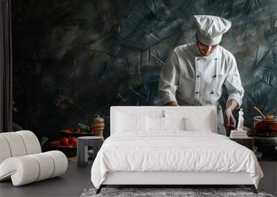 chef preparing food with copy space on dark background with space for text Wall mural