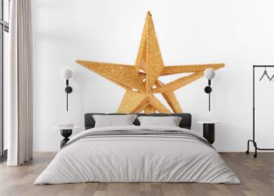 Golden glittering star shaped Christmas ornament isolated on whi Wall mural