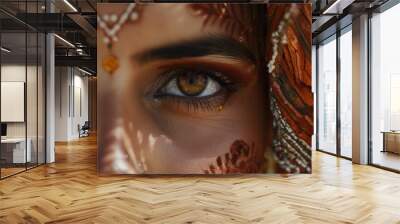 A close-up of a woman's face adorned with traditional Indian bridal makeup and jewelry with copy space Wall mural