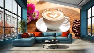 a cup of coffee with a heart inside, on a wooden table with flowers, sunlight Wall mural