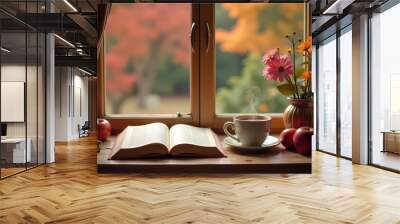 A cup of coffee with smoke coming out of it, Halloween style, with a beautiful smile, pumpkins, on a wooden table by the window, coffee beans, autumn leaves. Wall mural